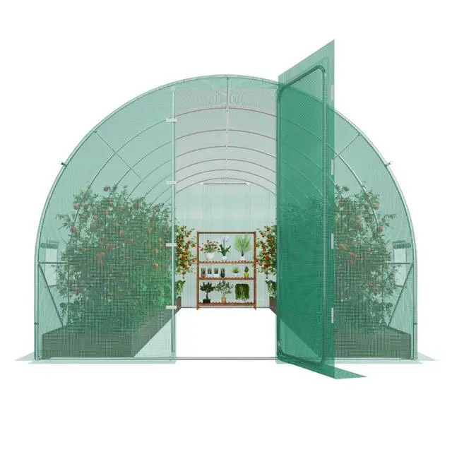 Alt view image 6 of 7 - Walk-in Tunnel Greenhouse with PE Cover and Steel Frame for Backyard, Lawn, Outdoor Plant Tent with U-Shaped Stakes and Sliding Door for Growing Plants, Flowers
