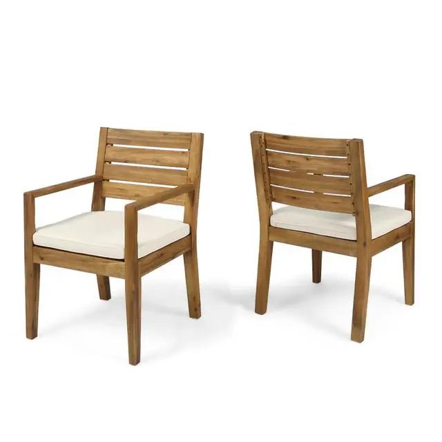Alt view image 3 of 7 - Stylish Acacia Wood Patio Dining Armchairs w/Removable Cushion for Garden, All Weather Solid Wood Outdoor Side Chairs w/Slatted Back & Seat for Balcony, Deck, Porch, Set of 2