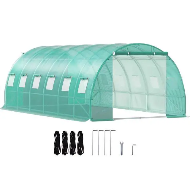 Alt view image 6 of 7 - Walk-in Tunnel Greenhouse with 2 Zippered Doors & 12 Roll-up Windows for Backyard, Lawn, Outdoor Plant Tent with Galvanized Steel Hoops and 3 Top Beams for Growing Plants, Flowers