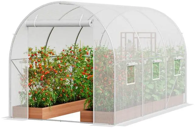 Main image of White Greenhouse with PE Cover and Steel Frame for Backyard, Poolside, Outdoor Plant Tent with Zipper Roll-up Door and Side Windows for Growing Flowers, Plants