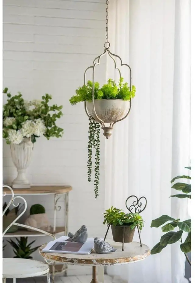 Alt view image 6 of 7 - Cement Planters Sets with Drainage Holes and Classic Design for Backyard, Living Room,Outdoor Flower Pots with Sturdy Construction for Growing Succulents, Plants (Rustic White + Iron)