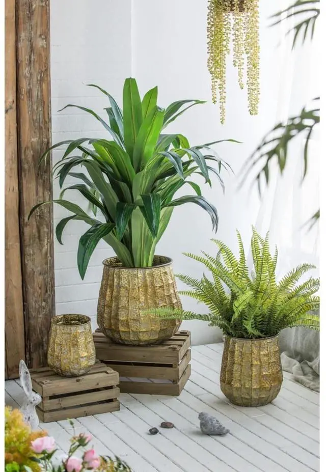 Main image of Cement Planters Sets with Drainage Holes and Classic Design for Backyard, Living Room,Outdoor Flower Pots with Sturdy Construction for Growing Succulents, Plants (Antique Yellow + zinc-2)