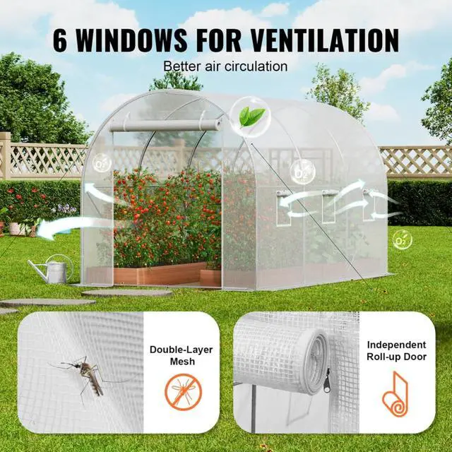 Alt view image 5 of 7 - White Greenhouse with PE Cover and Steel Frame for Backyard, Poolside, Outdoor Plant Tent with Zipper Roll-up Door and Side Windows for Growing Flowers, Plants