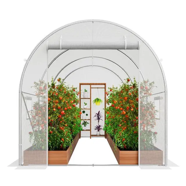 Alt view image 7 of 7 - White Greenhouse with PE Cover and Steel Frame for Backyard, Poolside, Outdoor Plant Tent with Zipper Roll-up Door and Side Windows for Growing Flowers, Plants