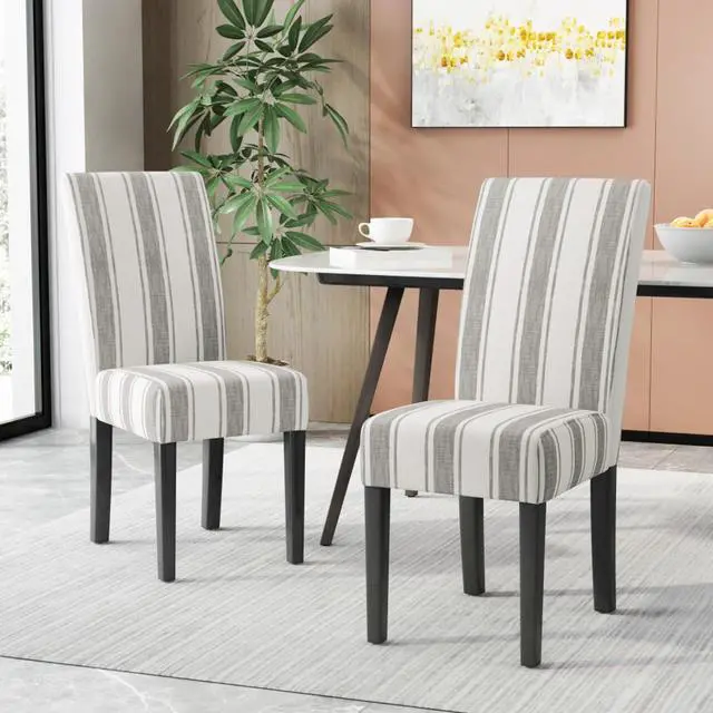Main image of Modern Pastoral Style Fabric Dining Chair, Stable Rubber Wooden Chair Legs, Stylish and Elegant Chair, Presenting Natural Textures, Suitable for Dining Rooms,Set of 2 (Grey Stripe + Set of 2)