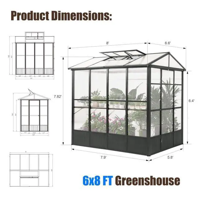 Alt view image 5 of 7 - Aluminum Heavy Duty Greenhouse with Fully Auto Temperature Control Vent for Backyard, Lawn, Outdoor Green Houses with 5 Movable Hooks for Growing Flowers, Plants (6.5x8FT)