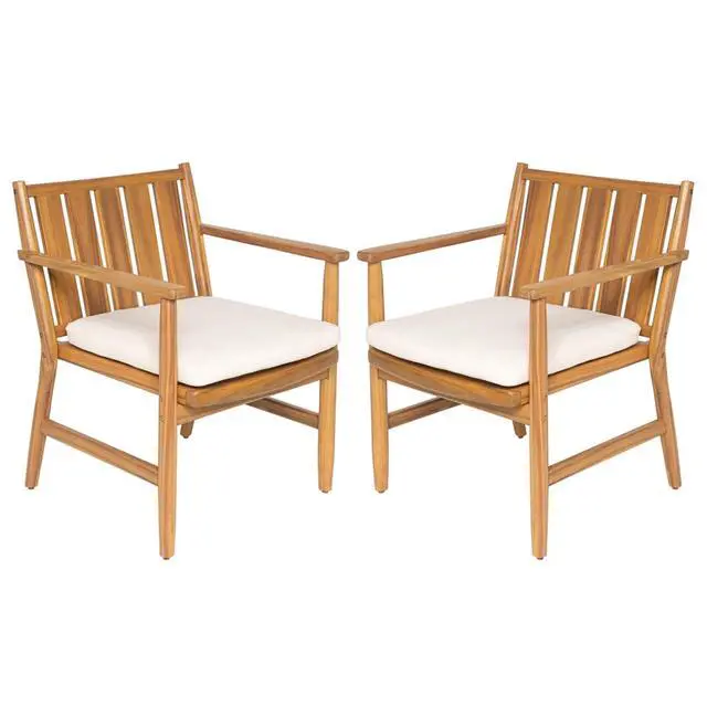 Alt view image 4 of 7 - Premium Acacia Wood Patio Dining Chairs w/Removable Cushions for Balcony, Modern Outdoor Seating Armchairs w/Solid Wood Frame & Slatted Design for Porch, Deck, Backyard, Set of 2