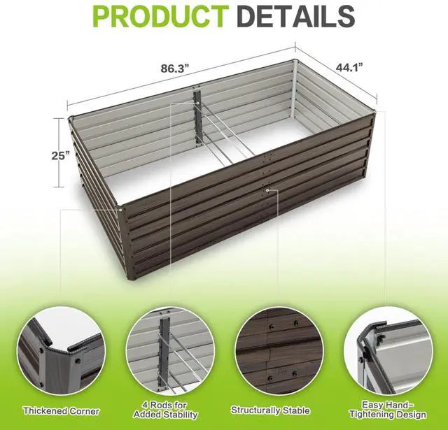 Alt view image 2 of 7 - 2 Pieces Metal Raised Garden Bed with Metal Frame and Open Bottom for Poolside, Backyard, Outdoor Planter Box with Reinforcing Rods for Growing Plants, Flowers, Herbs (8x4x2FT+Walnut)