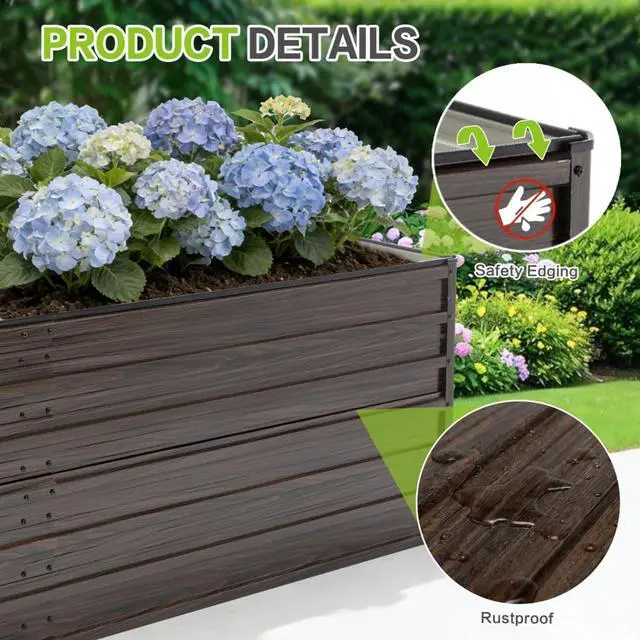Alt view image 3 of 7 - 2 Pieces Metal Raised Garden Bed with Metal Frame and Open Bottom for Poolside, Backyard, Outdoor Planter Box with Reinforcing Rods for Growing Plants, Flowers, Herbs (8x4x2FT+Walnut)