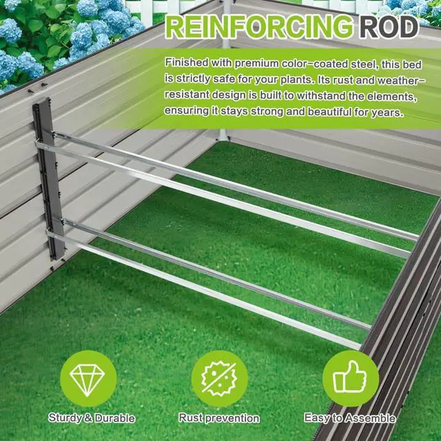 Alt view image 5 of 7 - 2 Pieces Metal Raised Garden Bed with Metal Frame and Open Bottom for Poolside, Backyard, Outdoor Planter Box with Reinforcing Rods for Growing Plants, Flowers, Herbs (8x4x2FT+Walnut)