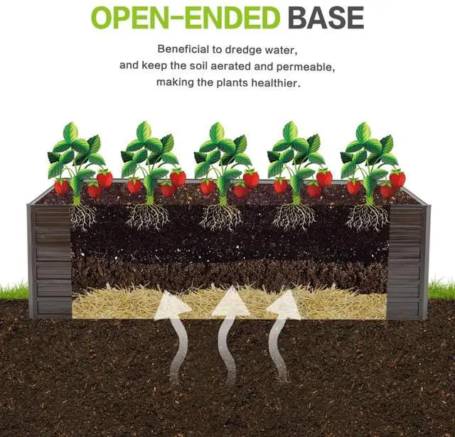 Alt view image 4 of 7 - 2 Pieces Metal Raised Garden Bed with Metal Frame and Open Bottom for Poolside, Backyard, Outdoor Planter Box with Reinforcing Rods for Growing Plants, Flowers, Herbs (8x4x2FT+Walnut)