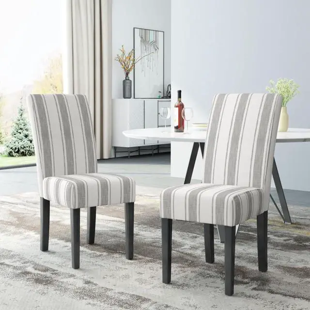 Alt view image 4 of 7 - Modern Pastoral Style Fabric Dining Chair, Stable Rubber Wooden Chair Legs, Stylish and Elegant Chair, Presenting Natural Textures, Suitable for Dining Rooms,Set of 2 (Grey Stripe + Set of 2)