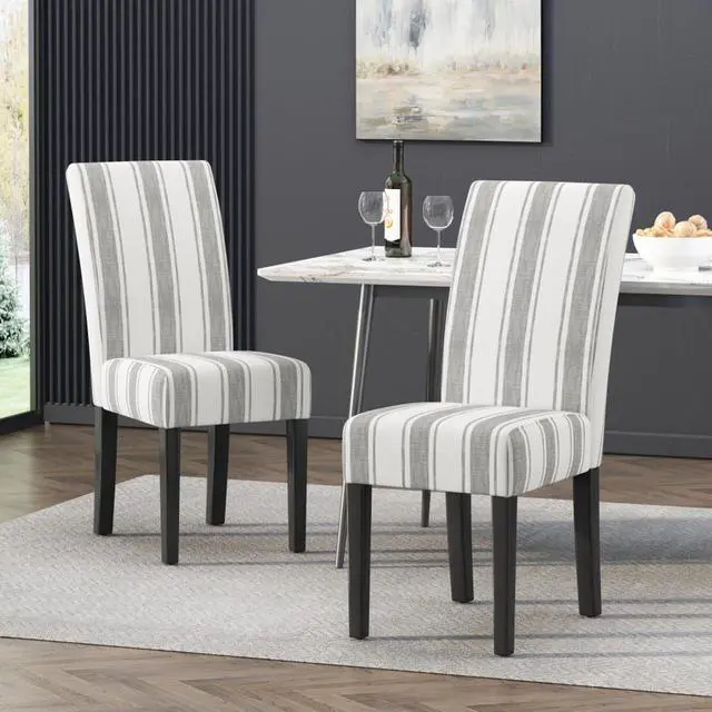 Alt view image 5 of 7 - Modern Pastoral Style Fabric Dining Chair, Stable Rubber Wooden Chair Legs, Stylish and Elegant Chair, Presenting Natural Textures, Suitable for Dining Rooms,Set of 2 (Grey Stripe + Set of 2)