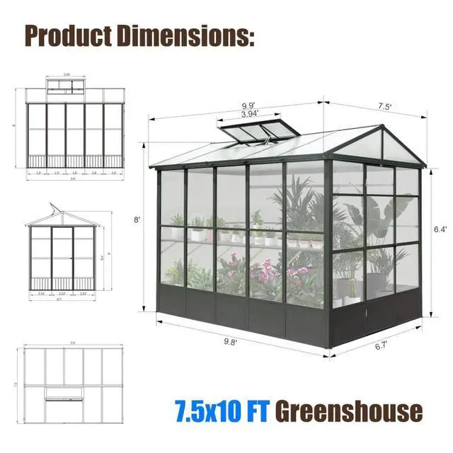 Alt view image 3 of 7 - Aluminum Heavy Duty Greenhouse with Fully Auto Temperature Control Vent for Backyard, Lawn, Outdoor Green Houses with 5 Movable Hooks for Growing Flowers, Plants (8x10FT)