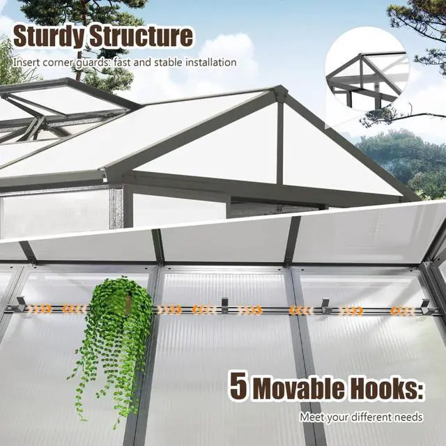 Alt view image 6 of 7 - Aluminum Heavy Duty Greenhouse with Fully Auto Temperature Control Vent for Backyard, Lawn, Outdoor Green Houses with 5 Movable Hooks for Growing Flowers, Plants (8x10FT)