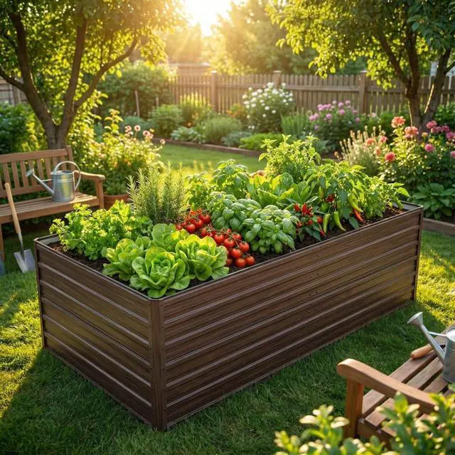 Alt view image 7 of 7 - 2 Pieces Metal Raised Garden Bed with Metal Frame and Open Bottom for Poolside, Backyard, Outdoor Planter Box with Reinforcing Rods for Growing Plants, Flowers, Herbs (8x4x2FT+Walnut)