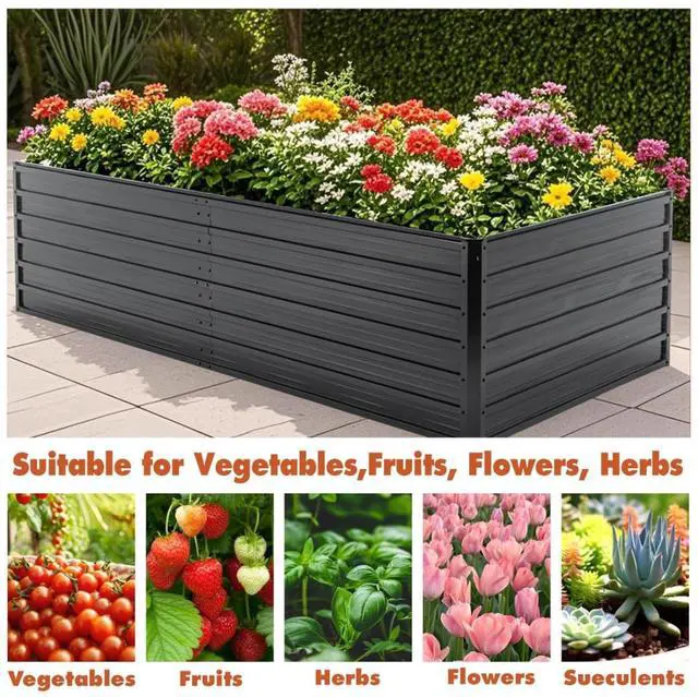 Alt view image 5 of 7 - 2 Pieces Metal Raised Garden Bed with Metal Frame and Open Bottom for Poolside, Backyard, Outdoor Planter Box with Reinforcing Rods for Growing Plants, Flowers, Herbs (8x4x2FT+Black)