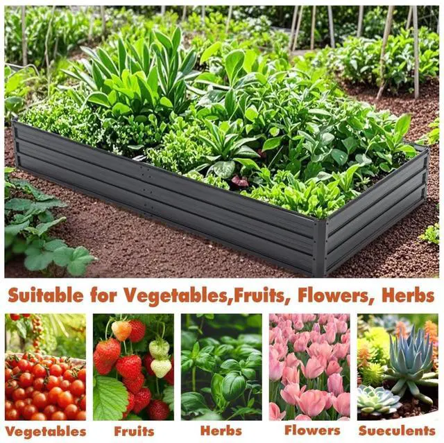 Alt view image 4 of 7 - 2 Pieces Metal Raised Garden Bed with Metal Frame and Open Bottom for Poolside, Backyard, Outdoor Planter Box with Reinforcing Rods for Growing Plants, Flowers, Herbs (8x4x1 FT+Black)