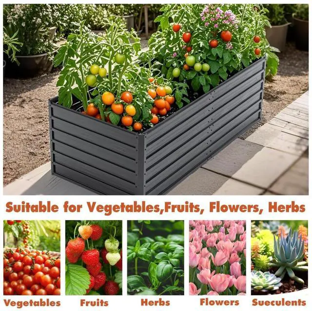 Alt view image 4 of 7 - 2 Pieces Metal Raised Garden Bed with Metal Frame and Open Bottom for Poolside, Backyard, Outdoor Planter Box with Reinforcing Rods for Growing Plants, Flowers, Herbs (6x3x2FT+Black)