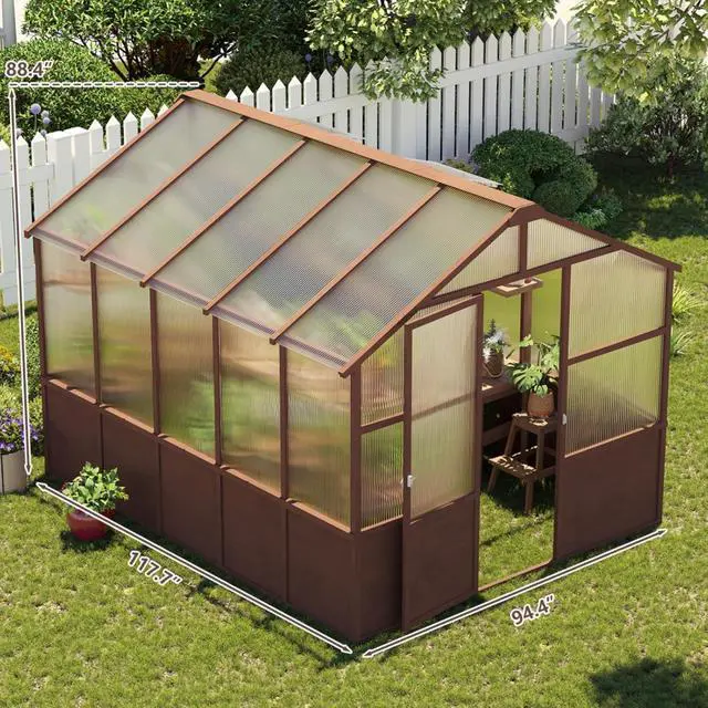 Alt view image 2 of 7 - Wooden Walk-in Greenhouse with Lockable Door and Adjustable Roof Vents for Lawn, Backyard, Outdoor Green House with Thick Polycarbonate Panel for Fruits, Plants, Flowers (Dark Coffee)