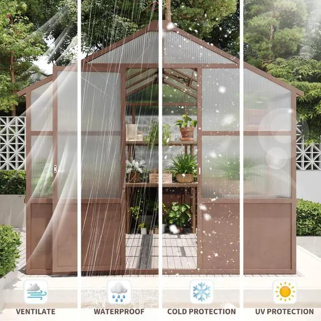 Alt view image 4 of 7 - Wooden Walk-in Greenhouse with Lockable Door and Adjustable Roof Vents for Lawn, Backyard, Outdoor Green House with Thick Polycarbonate Panel for Fruits, Plants, Flowers (Dark Coffee)