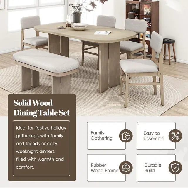 Alt view image 2 of 7 - 6-Piece Dining Table Set with Rectangular Table and Four Upholestered Chairs & One Bench for Home Restaurant, Ergonomic Kitchen Set with Curved Legs for Dining Room