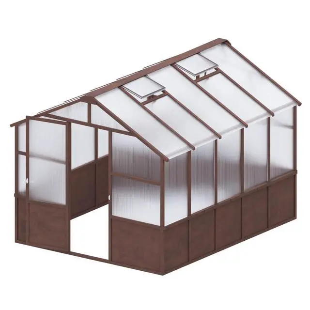 Alt view image 6 of 7 - Wooden Walk-in Greenhouse with Lockable Door and Adjustable Roof Vents for Lawn, Backyard, Outdoor Green House with Thick Polycarbonate Panel for Fruits, Plants, Flowers (Dark Coffee)