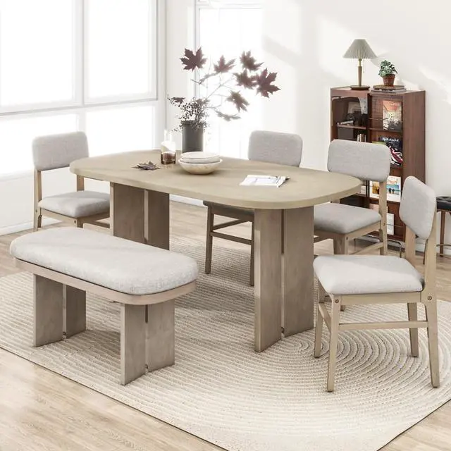 Main image of 6-Piece Dining Table Set with Rectangular Table and Four Upholestered Chairs & One Bench for Home Restaurant, Ergonomic Kitchen Set with Curved Legs for Dining Room