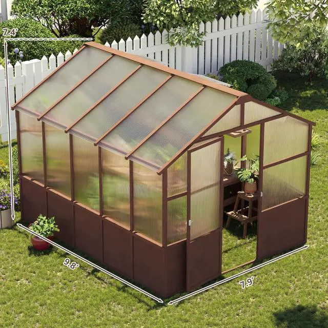 Alt view image 5 of 7 - Wooden Walk-in Greenhouse with Lockable Door and Adjustable Roof Vents for Lawn, Backyard, Outdoor Green House with Thick Polycarbonate Panel for Fruits, Plants, Flowers (Dark Coffee)