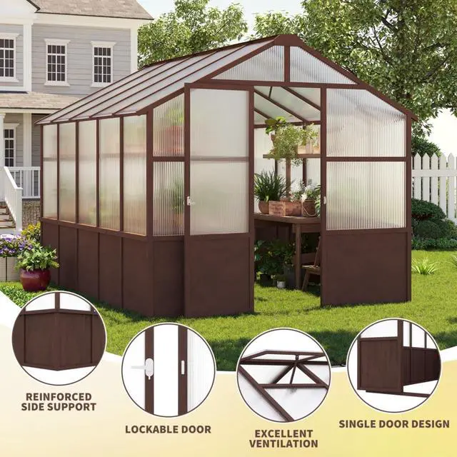 Alt view image 7 of 7 - Wooden Walk-in Greenhouse with Lockable Door and Adjustable Roof Vents for Lawn, Backyard, Outdoor Green House with Thick Polycarbonate Panel for Fruits, Plants, Flowers (Dark Coffee)