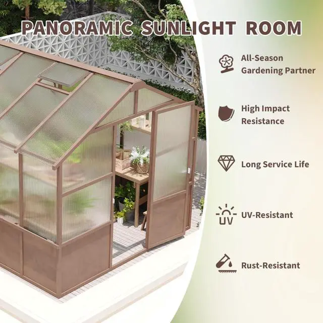 Alt view image 3 of 7 - Wooden Walk-in Greenhouse with Lockable Door and Adjustable Roof Vents for Lawn, Backyard, Outdoor Green House with Thick Polycarbonate Panel for Fruits, Plants, Flowers (Dark Coffee)