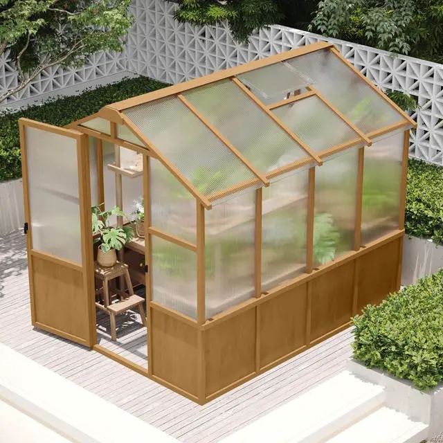 Main image of Wooden Walk-in Greenhouse with Lockable Door and Adjustable Roof Vents for Lawn, Backyard, Outdoor Green House with Thick Polycarbonate Panel for Fruits, Plants, Flowers (Wood)