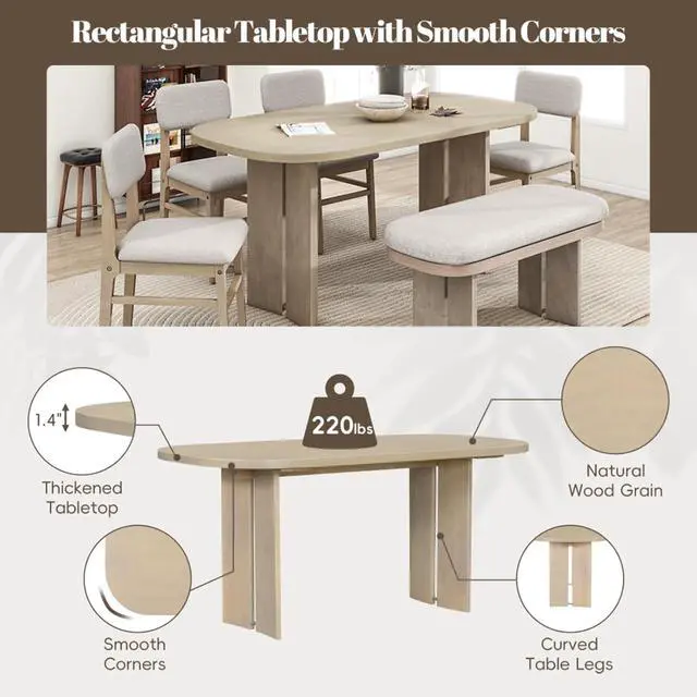 Alt view image 3 of 7 - 6-Piece Dining Table Set with Rectangular Table and Four Upholestered Chairs & One Bench for Home Restaurant, Ergonomic Kitchen Set with Curved Legs for Dining Room