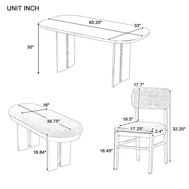 Alt view image 6 of 7 - 6-Piece Dining Table Set with Rectangular Table and Four Upholestered Chairs & One Bench for Home Restaurant, Ergonomic Kitchen Set with Curved Legs for Dining Room
