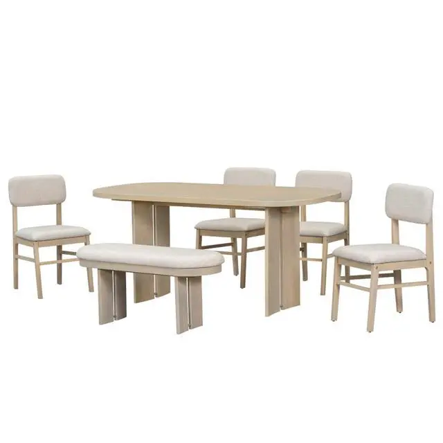 Alt view image 7 of 7 - 6-Piece Dining Table Set with Rectangular Table and Four Upholestered Chairs & One Bench for Home Restaurant, Ergonomic Kitchen Set with Curved Legs for Dining Room