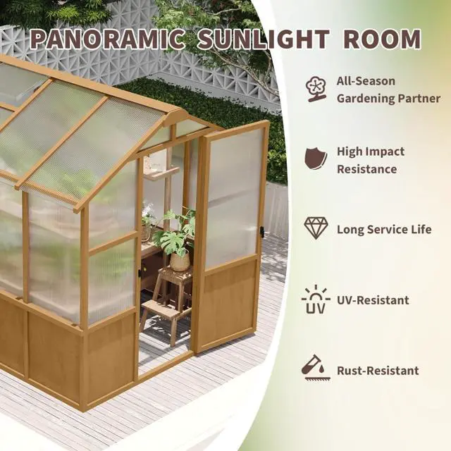 Alt view image 3 of 7 - Wooden Walk-in Greenhouse with Lockable Door and Adjustable Roof Vents for Lawn, Backyard, Outdoor Green House with Thick Polycarbonate Panel for Fruits, Plants, Flowers (Wood)
