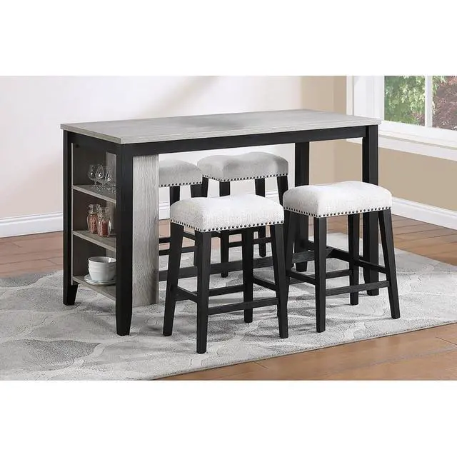 Alt view image 2 of 7 - 5-Piece Solid Wood Dinner Table Set with Rectangular Table and 4 Padded Stools for Home Bar Cafe, Farmhouse Kitchen Set with Footrest & Built-in Side Shelf for Dining Room (Antique Black)