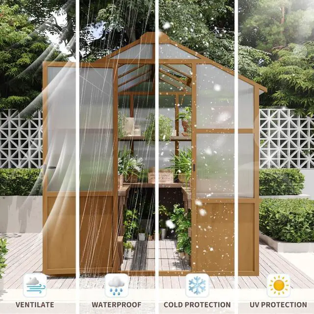 Alt view image 5 of 7 - Wooden Walk-in Greenhouse with Lockable Door and Adjustable Roof Vents for Lawn, Backyard, Outdoor Green House with Thick Polycarbonate Panel for Fruits, Plants, Flowers (Wood)