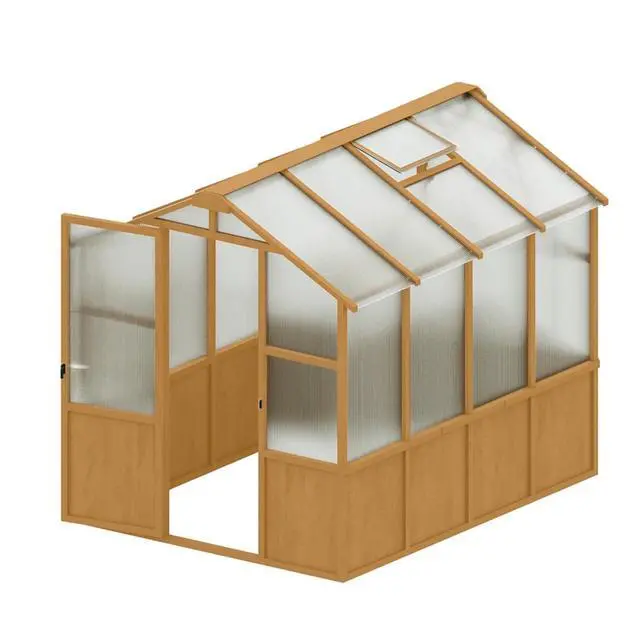 Alt view image 6 of 7 - Wooden Walk-in Greenhouse with Lockable Door and Adjustable Roof Vents for Lawn, Backyard, Outdoor Green House with Thick Polycarbonate Panel for Fruits, Plants, Flowers (Wood)