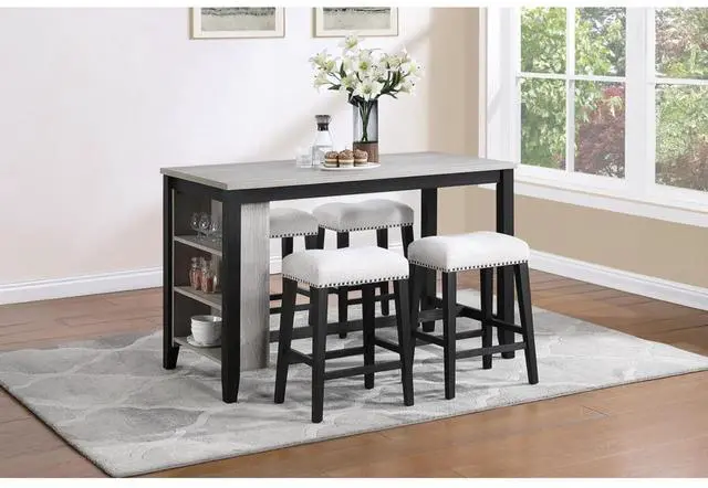 Main image of 5-Piece Solid Wood Dinner Table Set with Rectangular Table and 4 Padded Stools for Home Bar Cafe, Farmhouse Kitchen Set with Footrest & Built-in Side Shelf for Dining Room (Antique Black)
