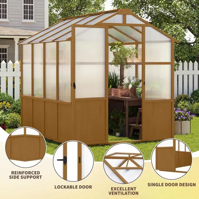 Alt view image 7 of 7 - Wooden Walk-in Greenhouse with Lockable Door and Adjustable Roof Vents for Lawn, Backyard, Outdoor Green House with Thick Polycarbonate Panel for Fruits, Plants, Flowers (Wood)