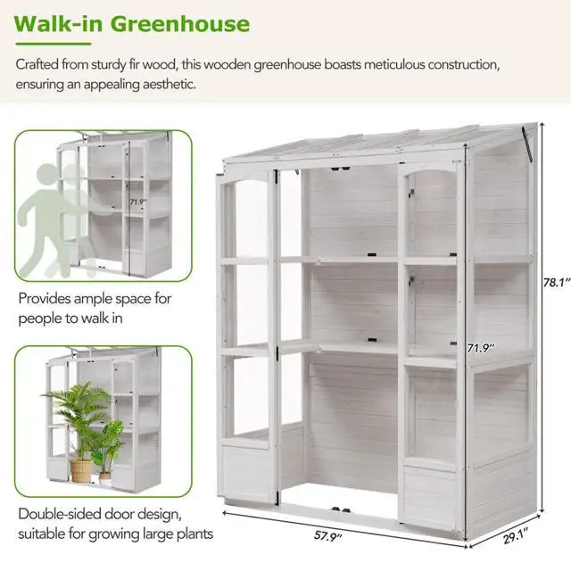 Alt view image 2 of 7 - Wooden Greenhouse with 4 Independent Skylights and 2 Folding Middle Shelves for Lawn, Outdoor Walk-in Green House with Four Metal Brackets At Bottom for Growing Flowers, Plants (White)