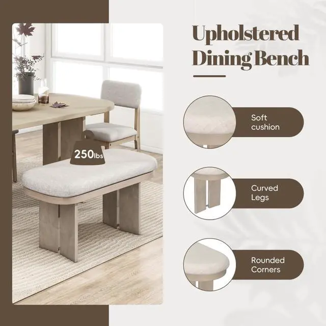 Alt view image 5 of 7 - 6-Piece Dining Table Set with Rectangular Table and Four Upholestered Chairs & One Bench for Home Restaurant, Ergonomic Kitchen Set with Curved Legs for Dining Room