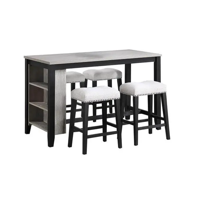 Alt view image 4 of 7 - 5-Piece Solid Wood Dinner Table Set with Rectangular Table and 4 Padded Stools for Home Bar Cafe, Farmhouse Kitchen Set with Footrest & Built-in Side Shelf for Dining Room (Antique Black)