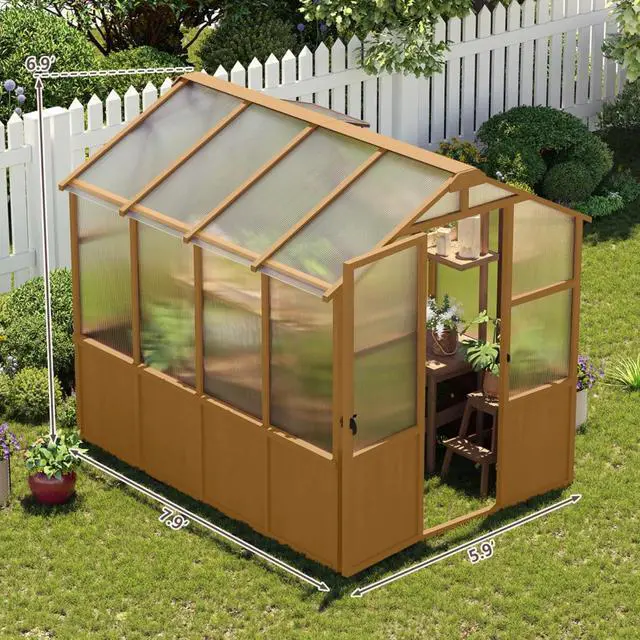Alt view image 4 of 7 - Wooden Walk-in Greenhouse with Lockable Door and Adjustable Roof Vents for Lawn, Backyard, Outdoor Green House with Thick Polycarbonate Panel for Fruits, Plants, Flowers (Wood)