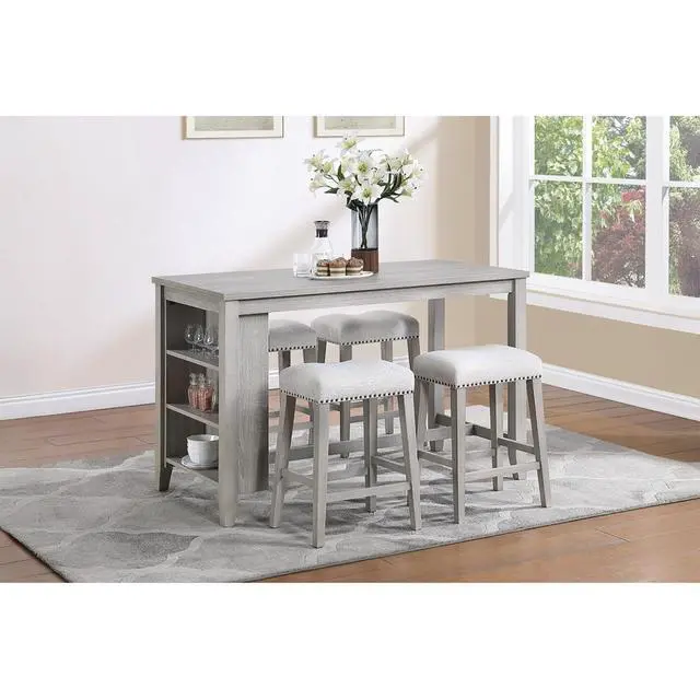 Alt view image 2 of 5 - 5-Piece Solid Wood Dinner Table Set with Rectangular Table and 4 Padded Stools for Home Bar Cafe, Farmhouse Kitchen Set with Footrest & Built-in Side Shelf for Dining Room (Light Gray)