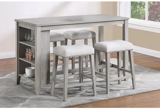Main image of 5-Piece Solid Wood Dinner Table Set with Rectangular Table and 4 Padded Stools for Home Bar Cafe, Farmhouse Kitchen Set with Footrest & Built-in Side Shelf for Dining Room (Light Gray)