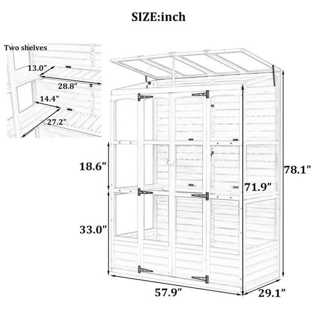 Alt view image 6 of 7 - Wooden Greenhouse with 4 Independent Skylights and 2 Folding Middle Shelves for Lawn, Outdoor Walk-in Green House with Four Metal Brackets At Bottom for Growing Flowers, Plants (White)