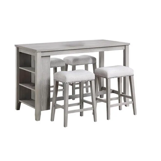 Alt view image 4 of 5 - 5-Piece Solid Wood Dinner Table Set with Rectangular Table and 4 Padded Stools for Home Bar Cafe, Farmhouse Kitchen Set with Footrest & Built-in Side Shelf for Dining Room (Light Gray)