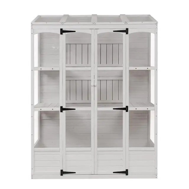 Alt view image 7 of 7 - Wooden Greenhouse with 4 Independent Skylights and 2 Folding Middle Shelves for Lawn, Outdoor Walk-in Green House with Four Metal Brackets At Bottom for Growing Flowers, Plants (White)